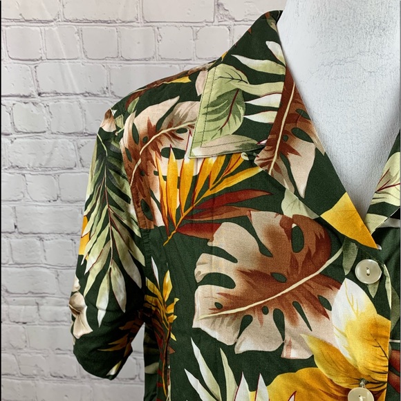 VINTAGE Hawaiian Shirt Button-down Green with Palm Leaves - Picture 5 of 12